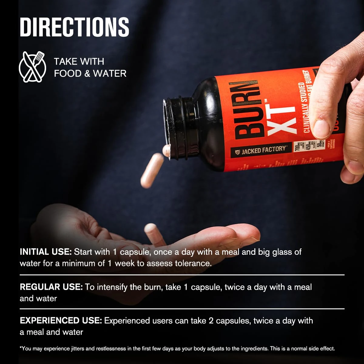 Burn XT directions: take with food and water, starting with one capsule to assess tolerance
