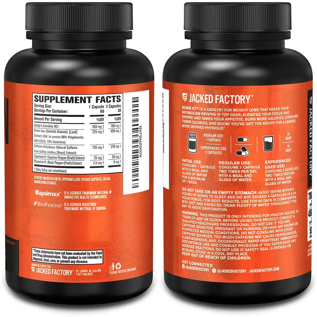 Burn XT bottles showing the transparent Supplement Facts panel and directions