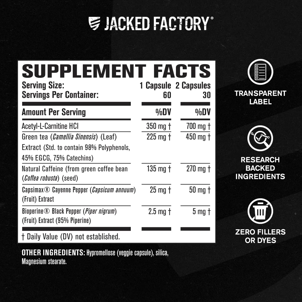 Burn XT Supplement Facts label showing acetyl-L-carnitine, green tea extract, natural caffeine, Capsimax and BioPerine